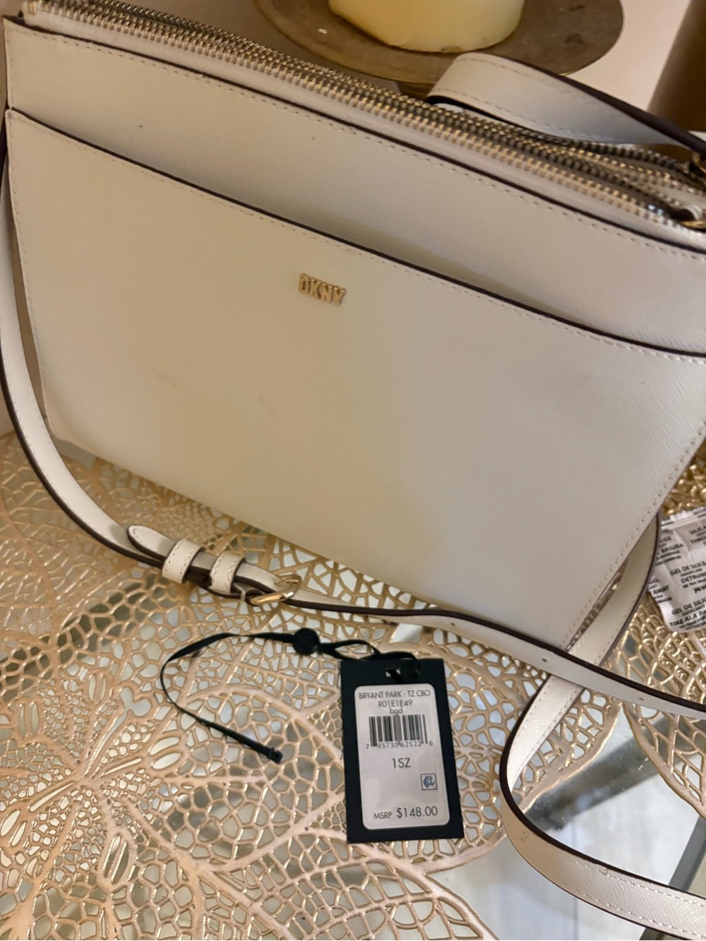 DKNY White Saffiano Crossbody with Gold Logo